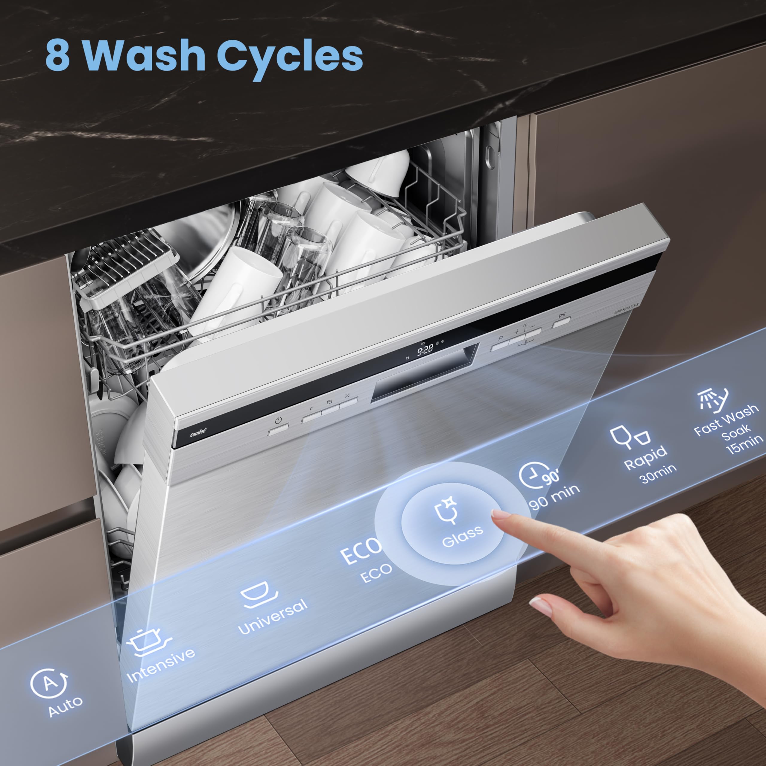 COMFEE' Freestanding Dishwasher FD1435E-X with 14 place settings, Full Size, Whisper Quiet 44dB